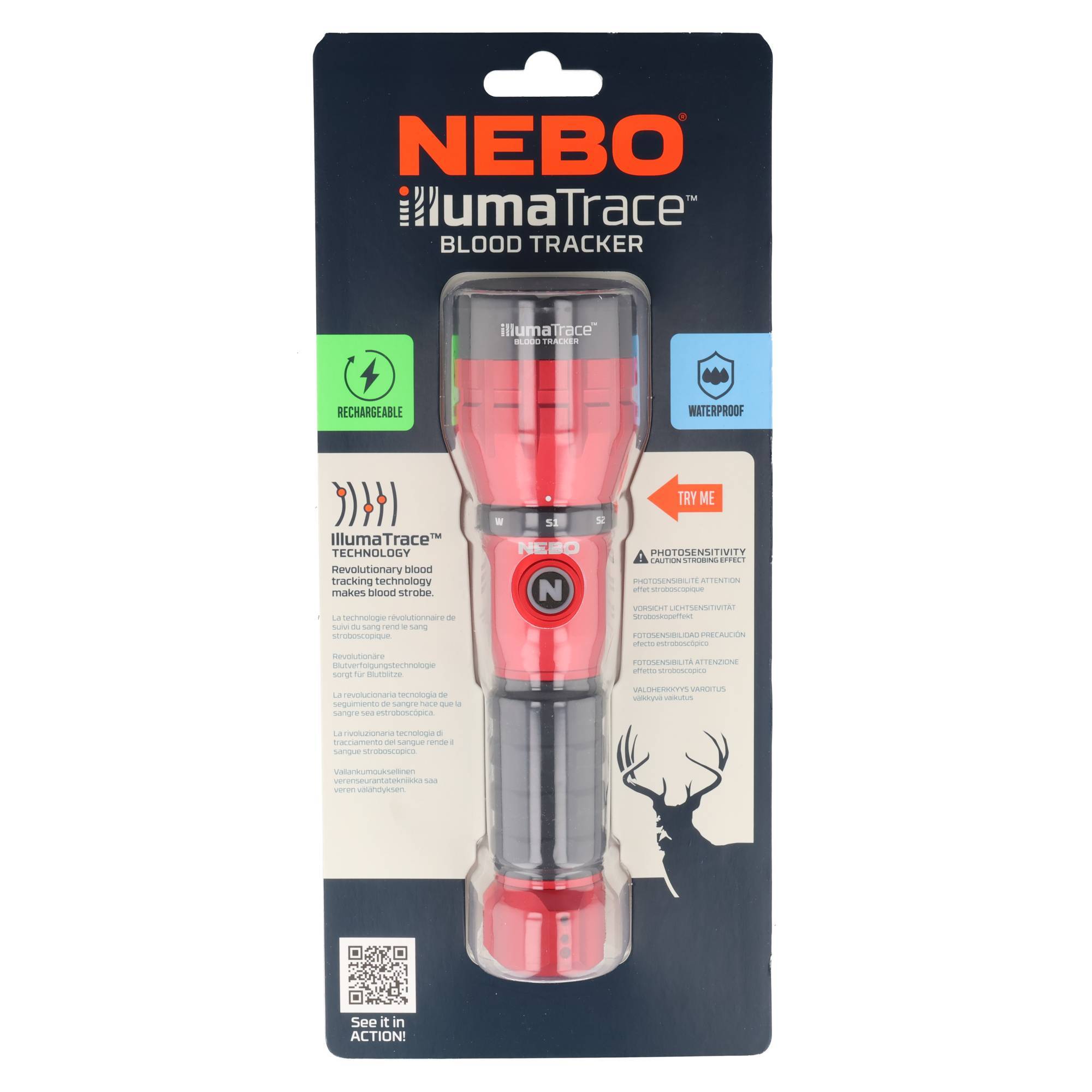Verpackung der NEBO IlumaTrace Blood Tracker Taschenlampe, mit einer roten Taschenlampe mit „IlumaTrace