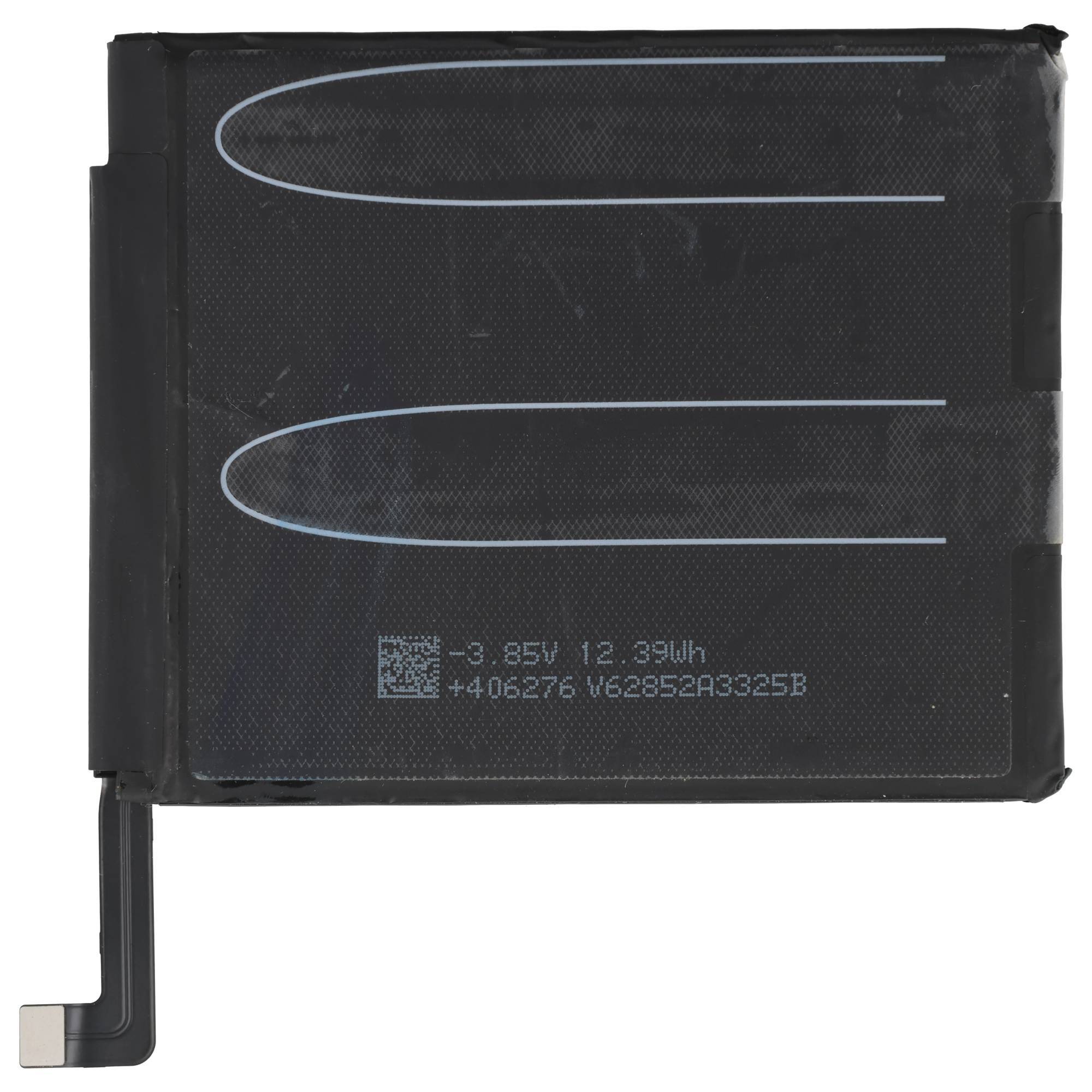 Schwarzer rechteckiger Smartphone-Akku mit kleinem Steckerverbinder, gekennzeichnet mit 3,85V 12,39Wh.