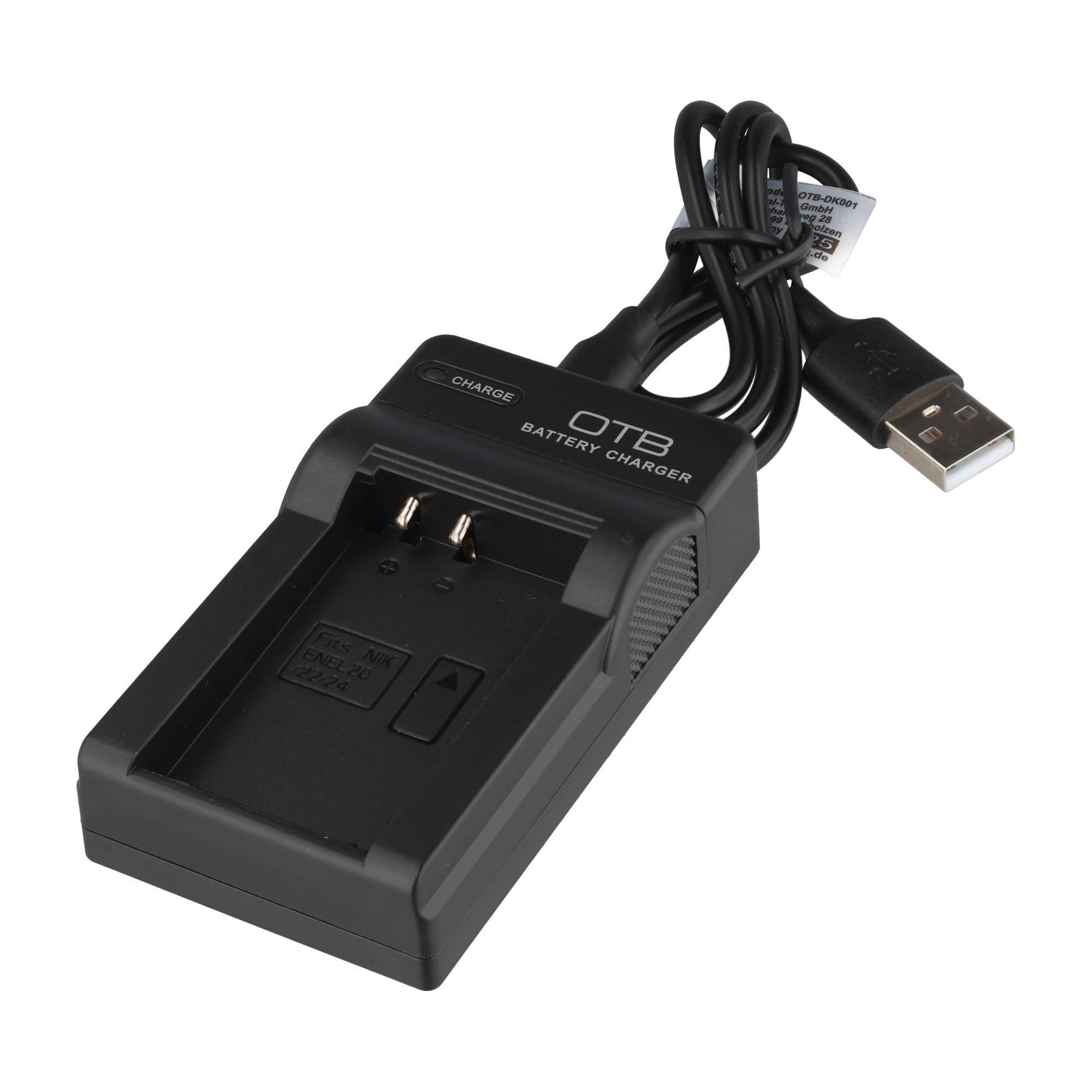 Schwarzes USB-Batterieladegerät mit Kabel und Steckplatz für wiederaufladbare Batterien auf weißem Hintergrund