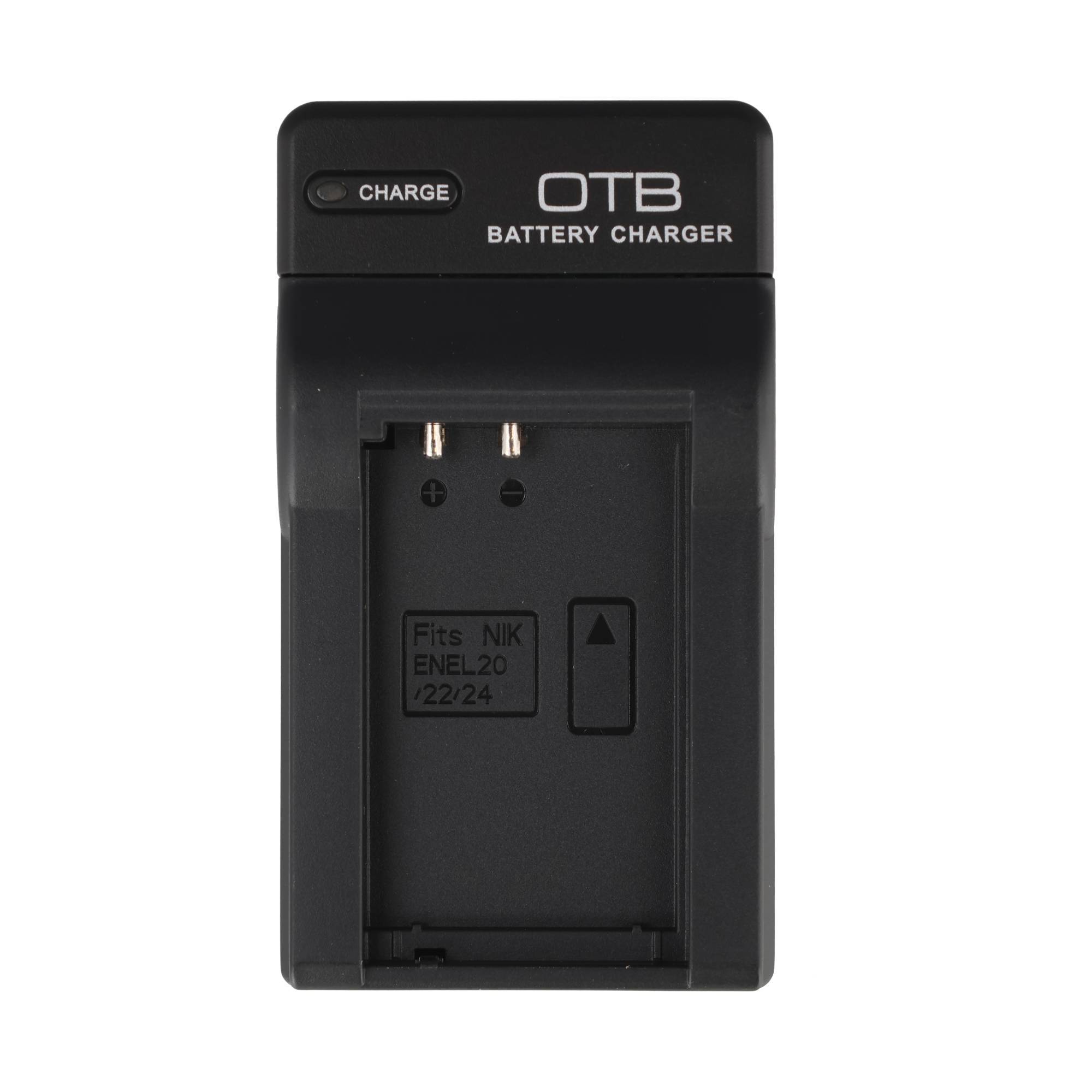 Schwarzes OTB-Batterieladegerät mit „CHARGE"-Anzeige, entwickelt für Nikon EN-EL20/22/24-Batterien.