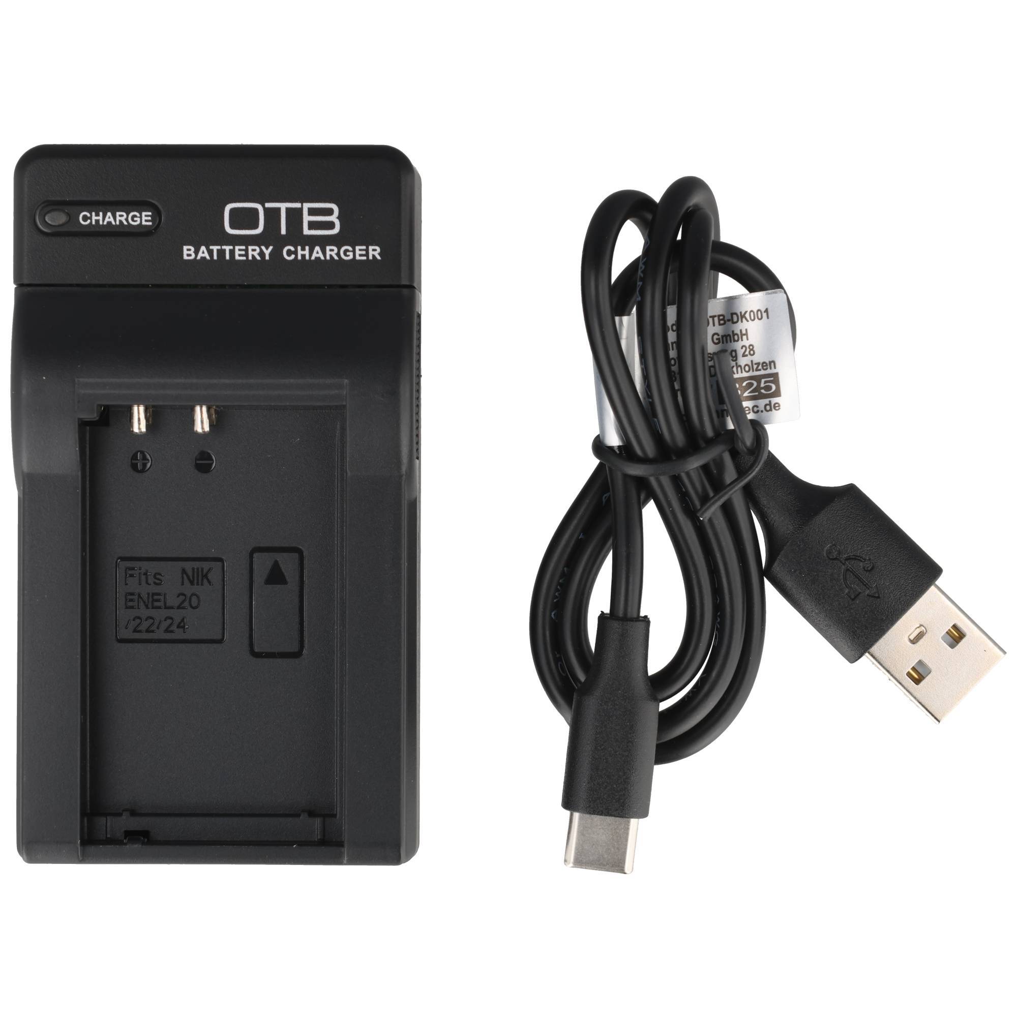OTB-Batterieladegerät mit USB-Kabel für Nikon EN-EL20/EN-EL20a-Batterien.