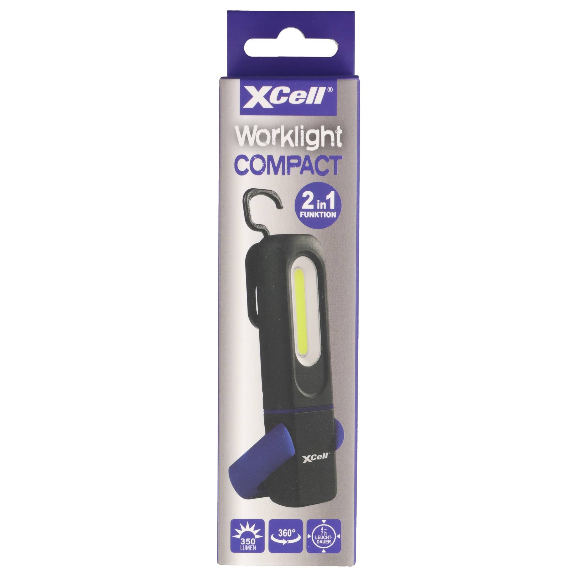Verpackte XCell Compact Worklight, ein 2-in-1 tragbares schwarzes Licht mit Haken und COB-Seitenleuchte auf einer lila-weißen Einzelhandelsverpackung.