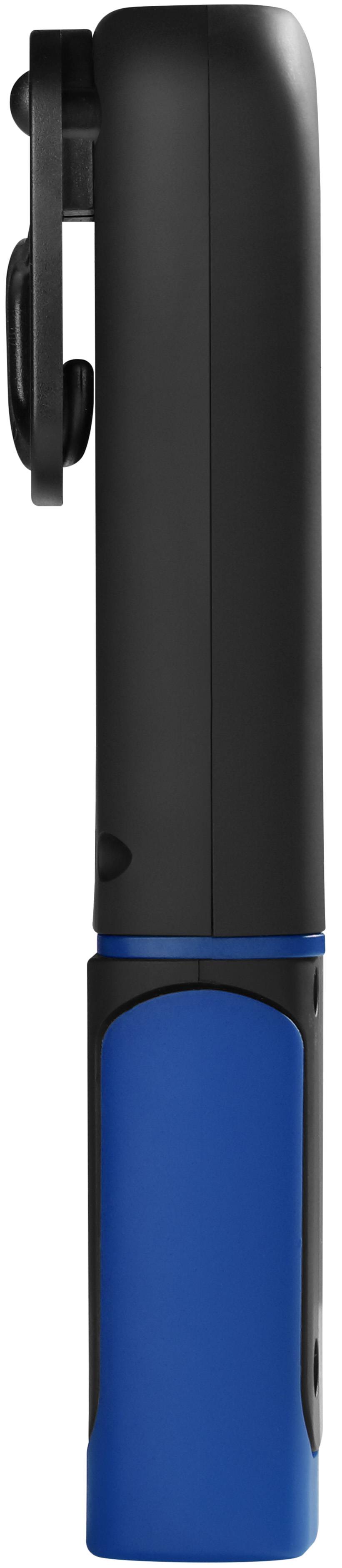 Eine Nahaufnahme einer tragbaren LED-Taschenlampe mit rechteckiger Form und einem vertikalen, leuchtend gelben LED-Streifen in der Mitte.