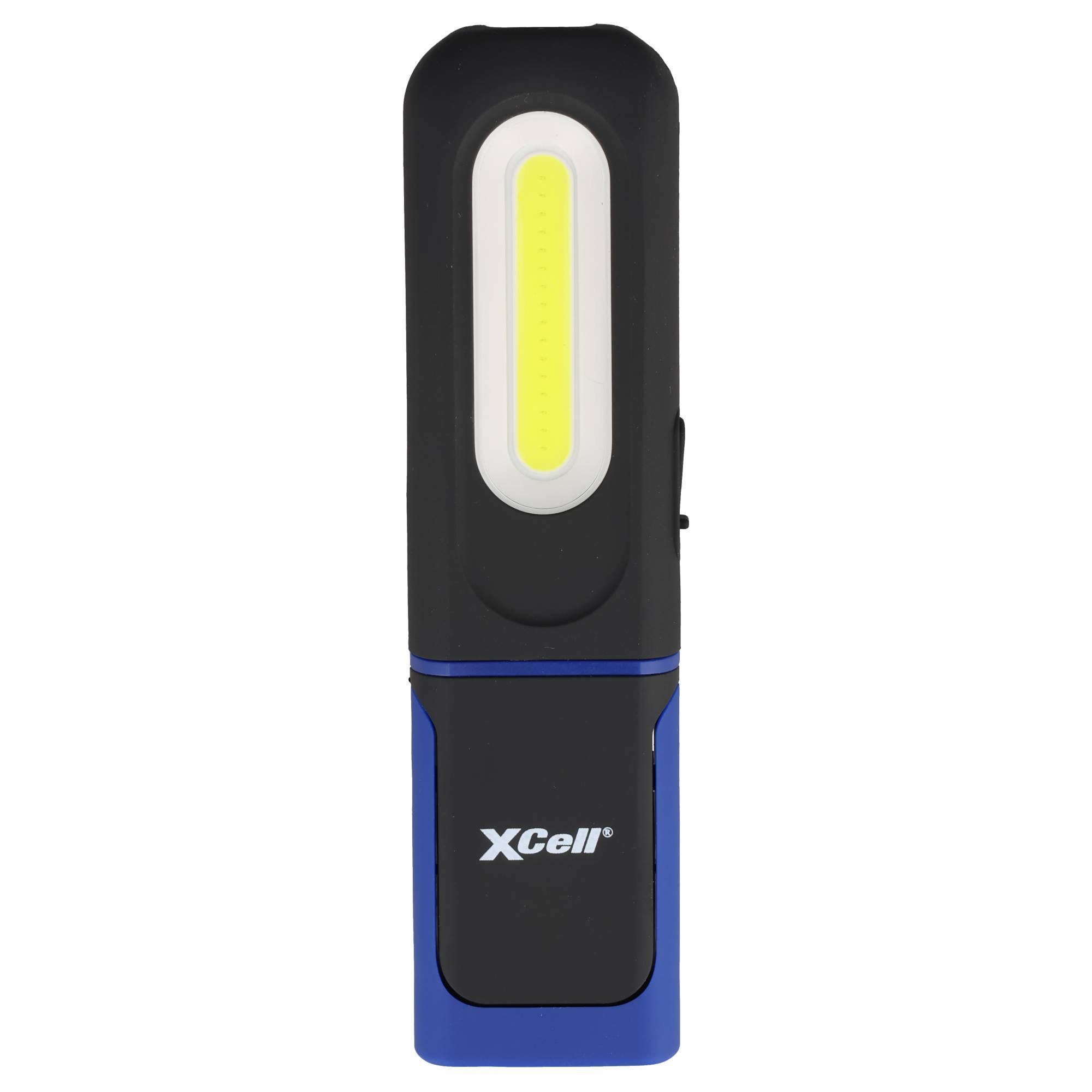 Schwarz-blaue XCell tragbare LED-Arbeitsleuchte mit einem vertikalen gelben Lichtstreifen auf einfachem weißem Hintergrund.