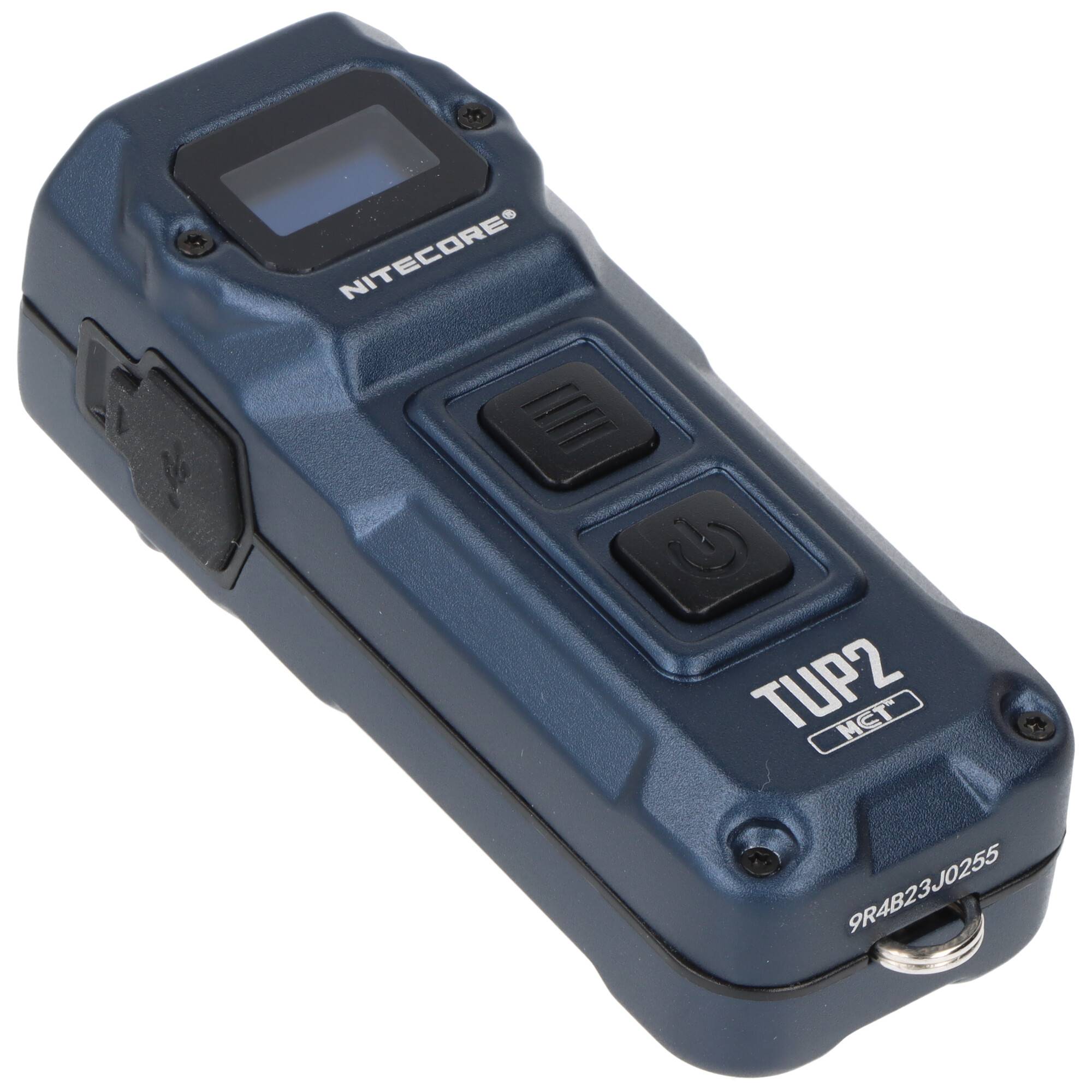 Nitecore TUP2' blaue Schlüsselbund-Taschenlampe mit Display und zwei Bedienungstasten, Modelldetails an der Basis sichtbar.