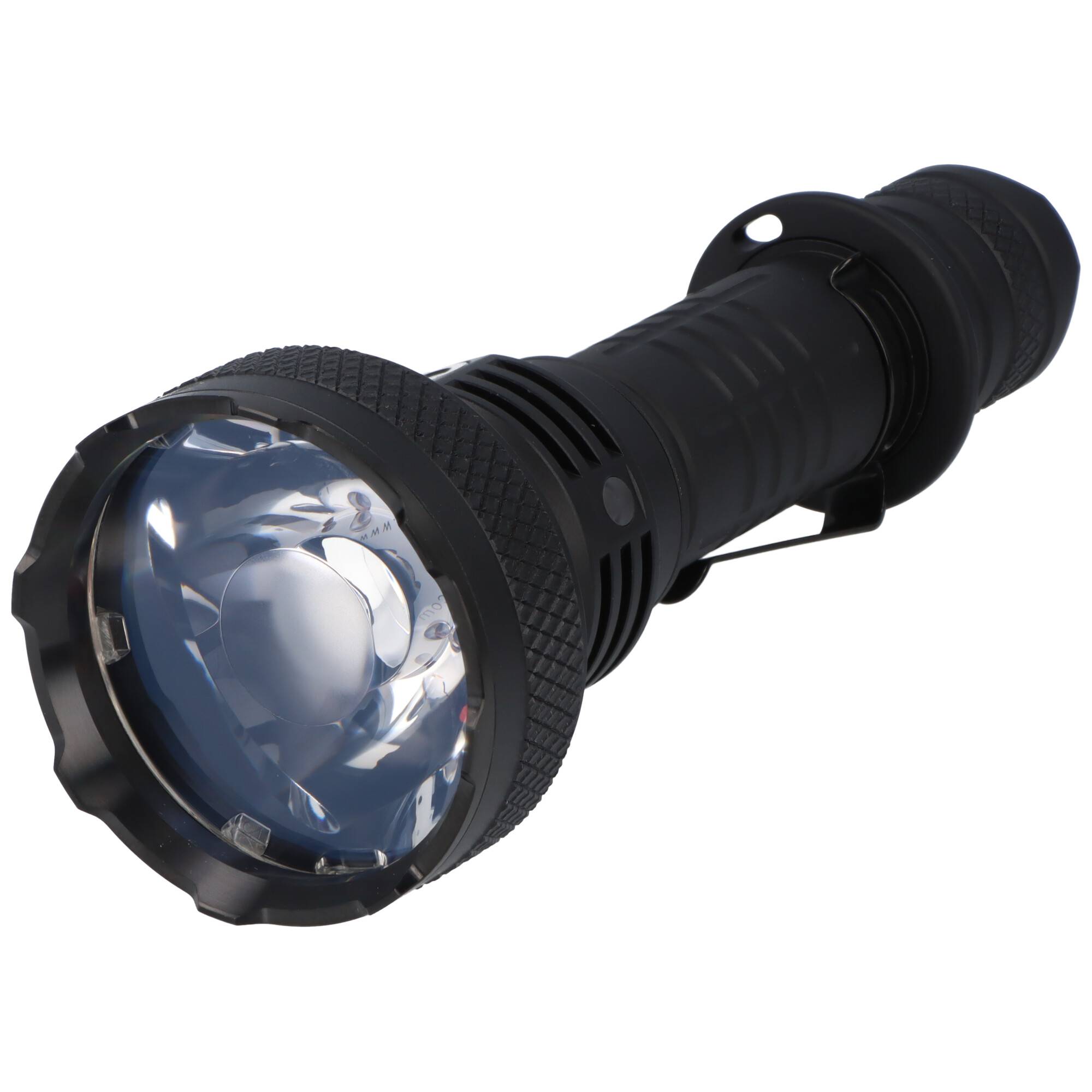 Eine schwarze tragbare Taschenlampe mit strukturiertem Griff und großer Linse, entwickelt für intensive Beleuchtung in dunklen Umgebungen.