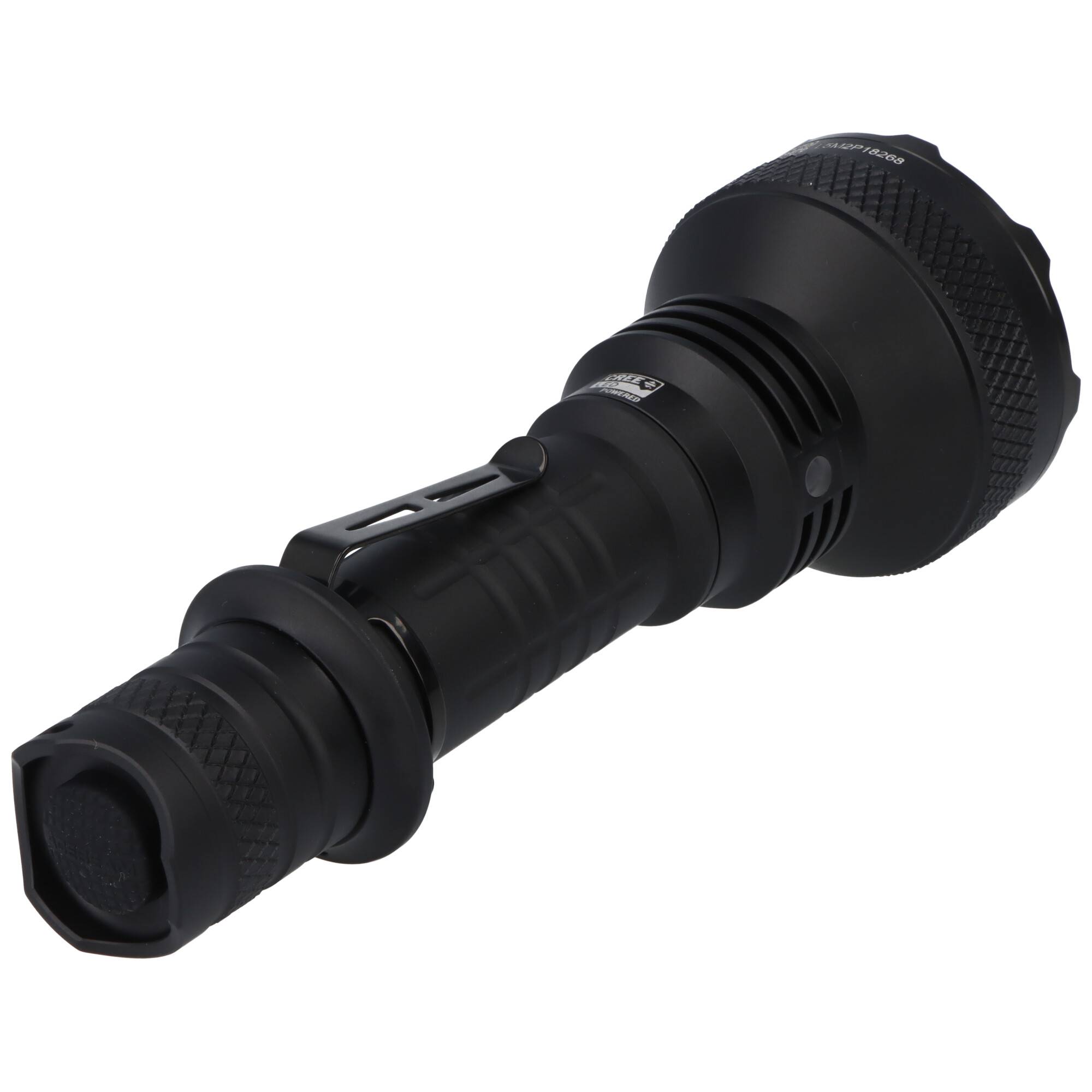 Eine schwarze taktische Taschenlampe mit strukturiertem Griff und Clip, entworfen für den Außeneinsatz oder die Notfallnutzung.