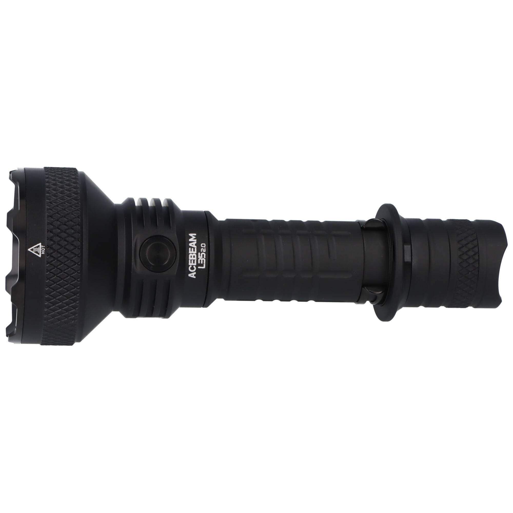 Eine schwarze taktische Taschenlampe mit gerilltem Griff und breitem Kopf, entwickelt für starke Ausleuchtung.