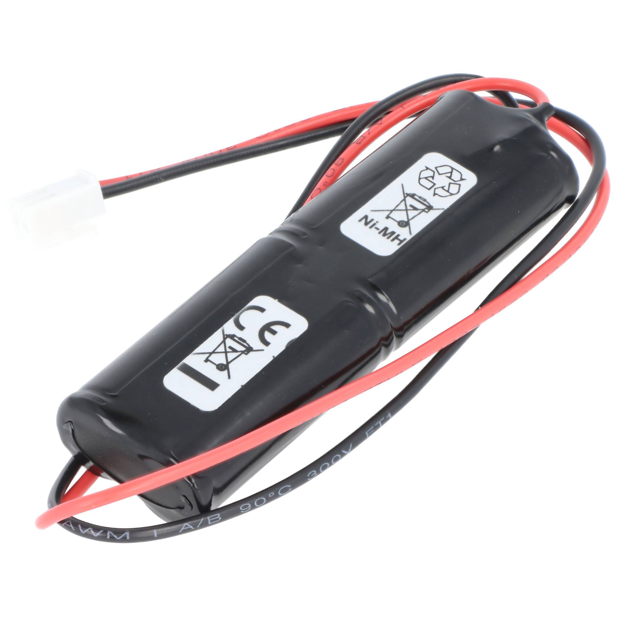 Schwarzes zylindrisches Batterieset mit roten und schwarzen Drähten, gekennzeichnet mit „Ni-MH