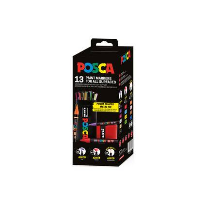 Schachtel mit 13 POSCA-Lackmarkern für alle Oberflächen, mit verschiedenen sichtbaren Farben.