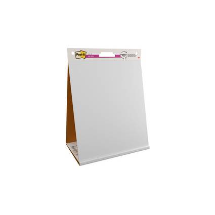 Ein leeres weißes Post-It-Flipchart-Pad mit Kartonrückseite, aufrecht stehend, mit dem Post-It-Markenlogo oben.