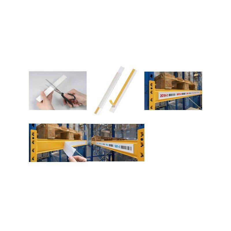 Beispiele für die Vorbereitung und Anbringung von Lagerschranketiketten, einschließlich Schneiden, Einfügen in Halter und eines Strichcode-Etiketts auf einem Regal.