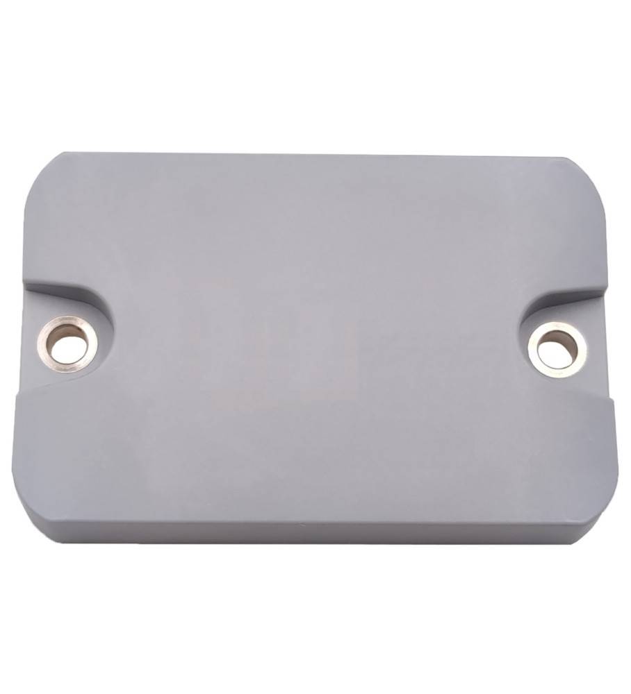 Ein rechteckiger grauer Block mit zwei kreisförmigen Löchern in der Nähe der oberen Ecken. Es scheint sich um eine Montageklammer oder eine Abdeckung zu handeln.