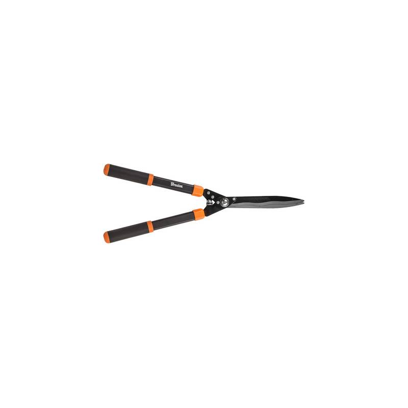 Ein Paar Gartenscheren mit schwarzen Klingen und orange akzentuierten Griffen, zum Schneiden von Hecken und Büschen verwendet.