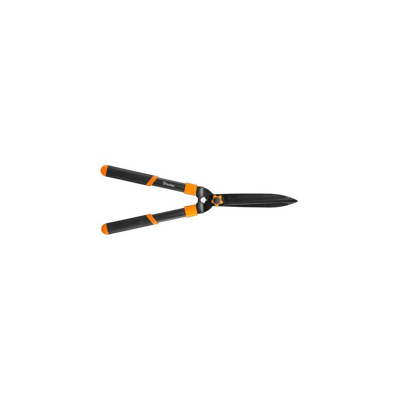 Heckenscheren mit schwarzen Klingen und orangefarbenen Akzenten auf den Griffen, entworfen zum Schneiden von Büschen und Sträuchern.