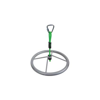 Ein grüner und grauer kreisförmiger Schaukelsitz mit einem zentralen Griff. Entworfen für Outdoor-Spielaktivitäten und bietet ein sicheres und unterhaltsames Erlebnis.