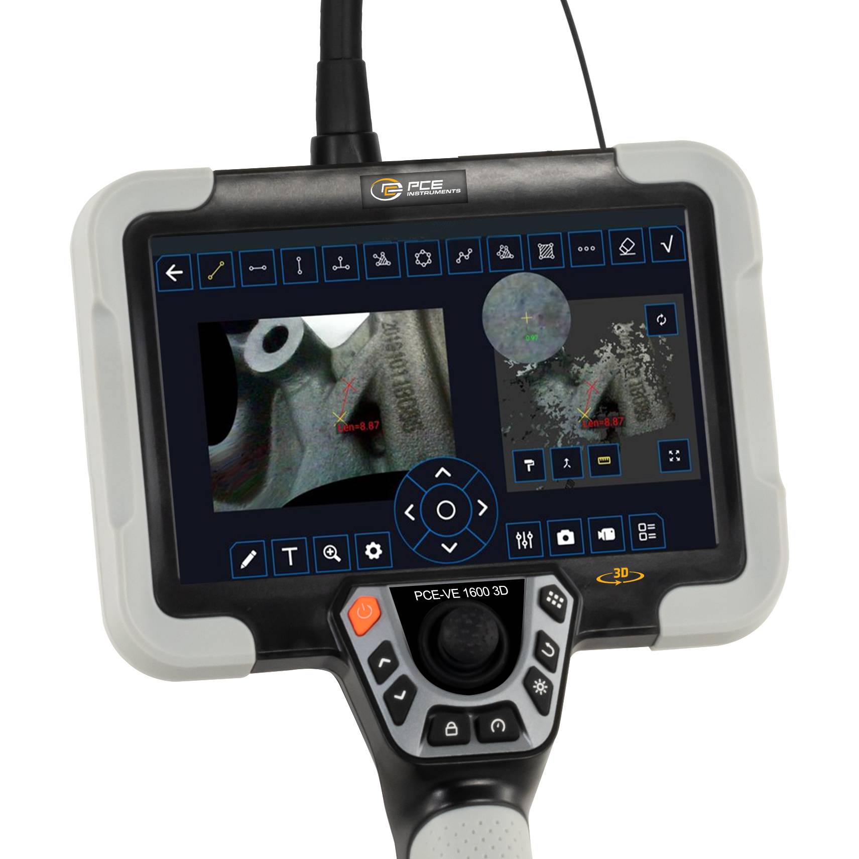 Eine tragbare Inspektionskamera mit Doppelbildschirm zeigt Nahaufnahmen von Maschinenkomponenten an und hebt potenzielle Mängel hervor.