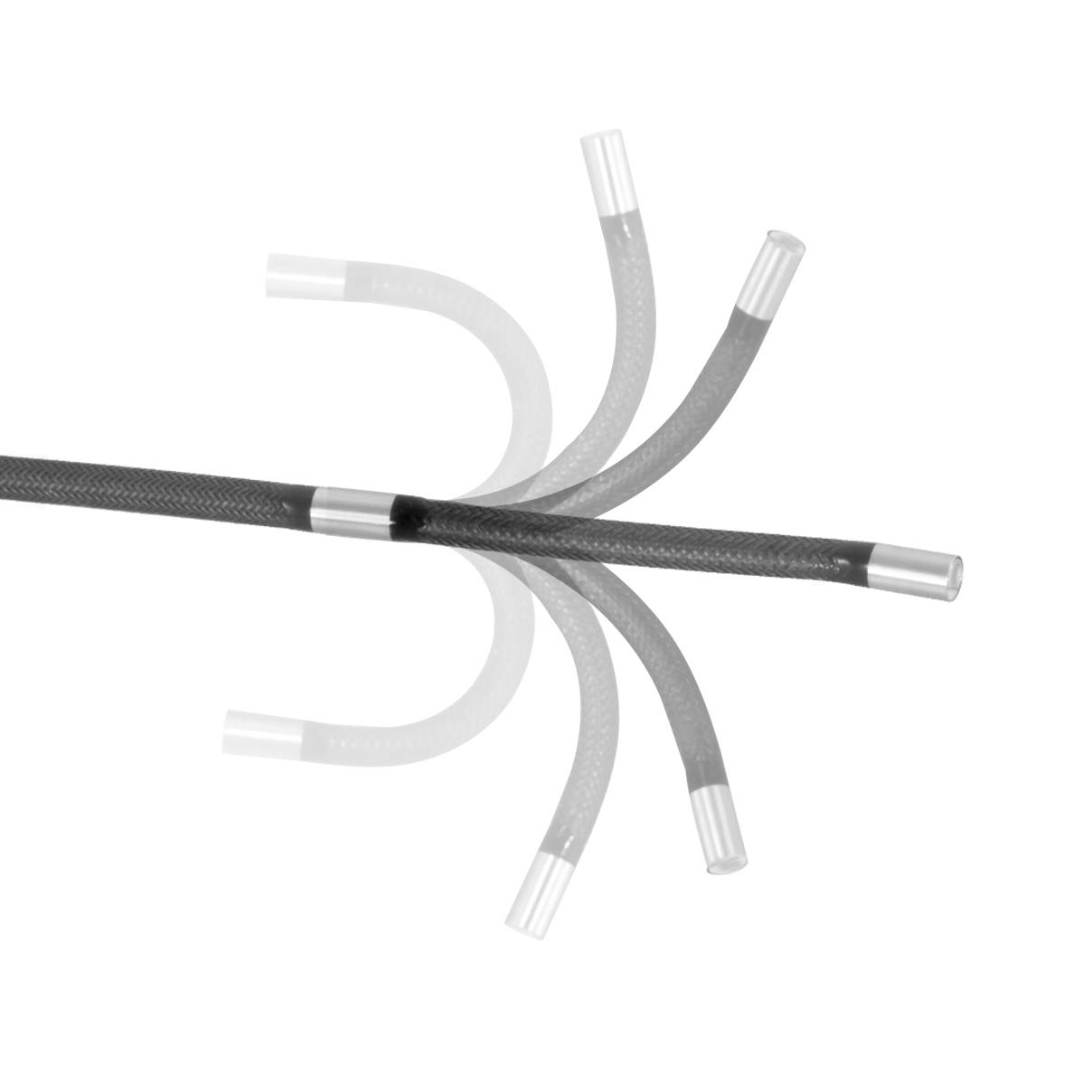 Flexibler schwarzer und silberner Schlauch, der das Biegen in verschiedene Richtungen demonstriert und seine Vielseitigkeit sowie Beweglichkeit hervorhebt.