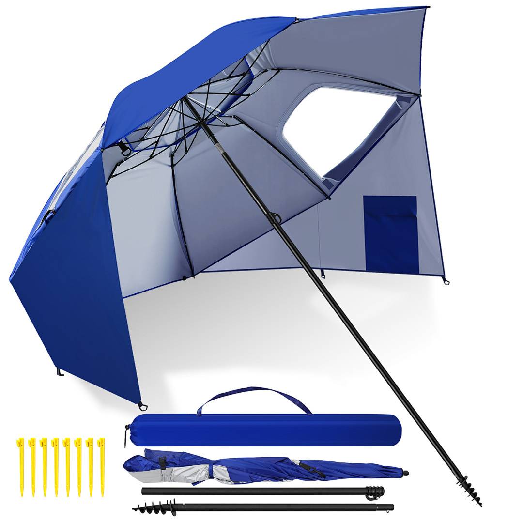 Blauer Strandschirm mit angebrachten Seitenpanelen für Schatten- und Windschutz. Gelbe Heringe und Aufbewahrungstasche enthalten.