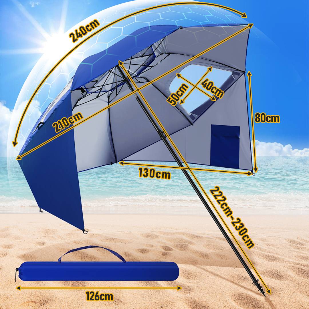 Strandmuschel mit markierten Abmessungen: Höhe 210 cm, Breite 240 cm, Tiefe 130 cm, Seitenhöhe 80 cm und Seitenlängen 40 cm, 50 cm. Kofferlänge 126 cm.