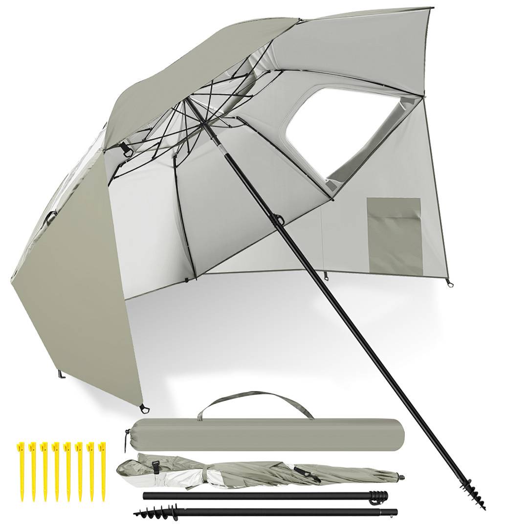 Großer Strandschirm mit verstellbarem Schaft und Reißverschlussfenstern, inklusive Tragetasche und Erdnägel, ideal für Schatten im Freien.