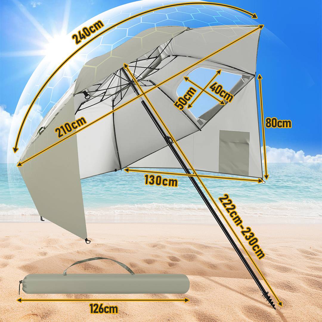 Großer Strandschirm auf Sand, geöffnet mit beschrifteten Abmessungen: 240cm Höhe, 222-230cm Baldachinbreite, 210cm Tiefe. Sonne im Hintergrund.
