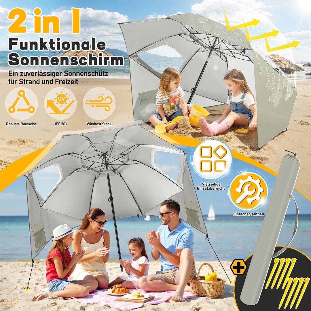 Eine Strandszene zeigt zwei Familien, die einen großen, vielseitigen Sonnenschirm nutzen. Der Text hebt folgende Merkmale hervor: robust, UV-Schutz, Windstabilität, einfacher Aufbau.