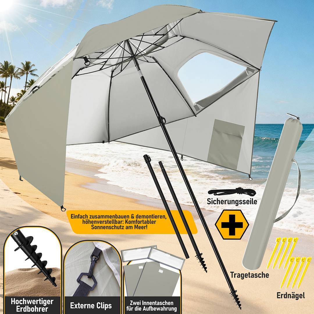 Strandschirm 210 cm Sonnenschirm mit UV Schutz 50+, neigbar mit Erdspieß und Tragetasche, wasserabweisender Gartenschirm für Strand, Garten & Balkon