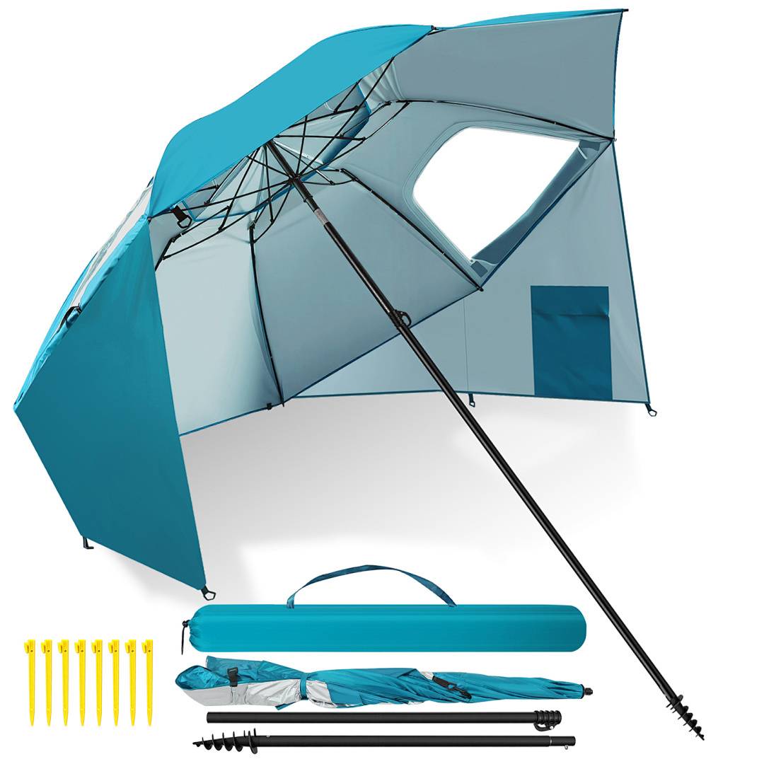 Ein großes blaues Strandzeit mit ausgefahrenem Baldachin für Schatten. Enthält Aufbewahrungstaschen und wird mit gelben Heringen, Stangen und einer Tragetasche geliefert.