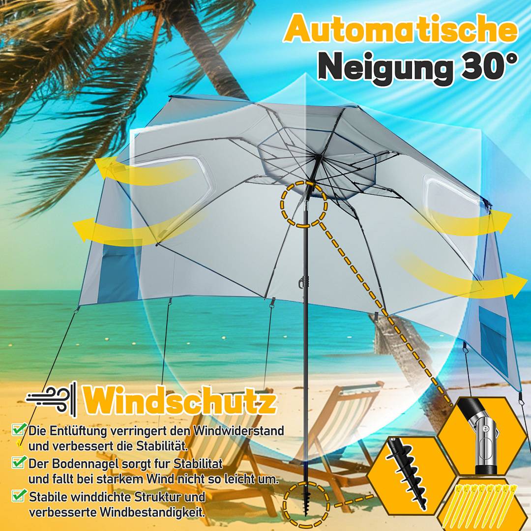 Eine Strandszene, die einen großen geneigten Regenschirm zeigt, der mit 