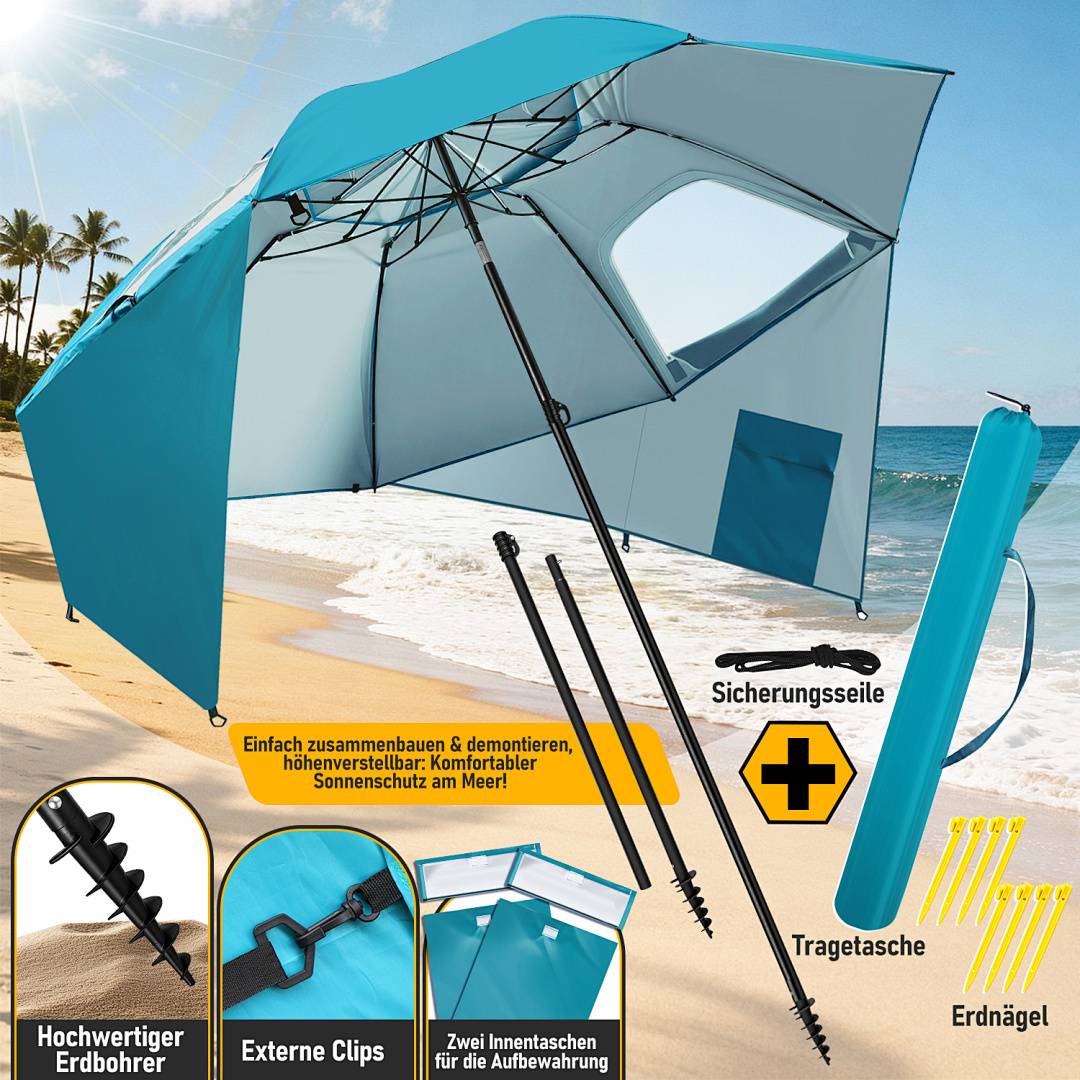 Ein blauer Strandschirm auf Sand mit angezeigtem Verankerungssystem und Zubehör. Der Hintergrund zeigt das Meer und Palmen unter blauem Himmel.