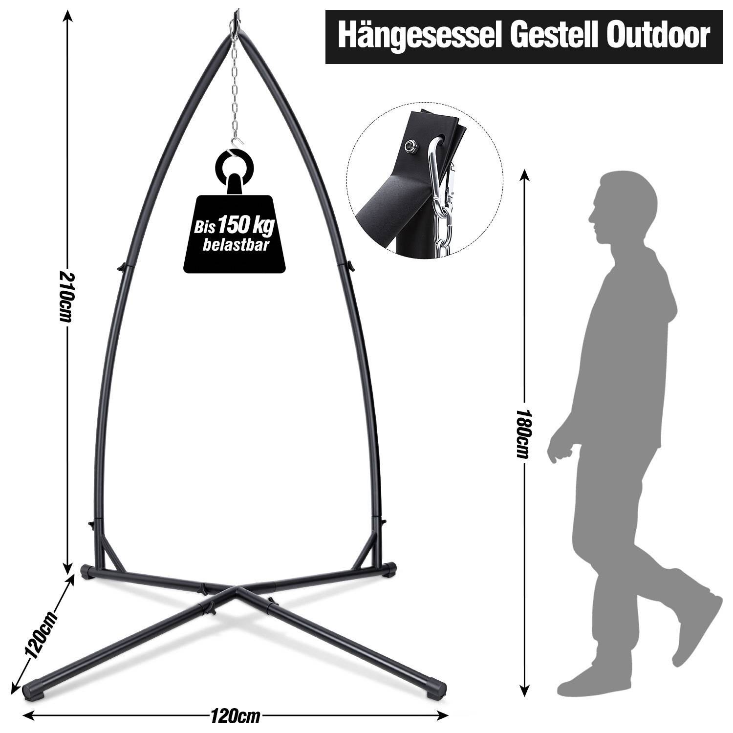 Ein Rahmen für einen hängenden Außenstuhl wird gezeigt. Er ist 210 cm hoch und 120 cm breit. Der Rahmen kann bis zu 150 kg tragen. Eine Personensilhouette ist 180 cm.