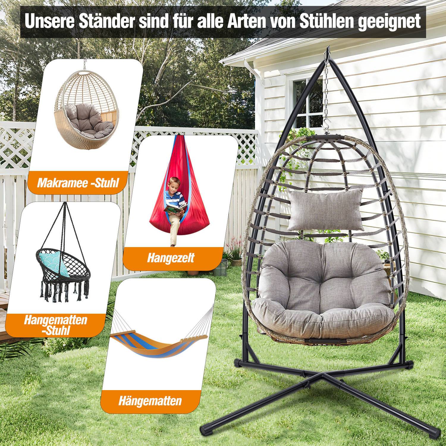 Verschiedene Hängesessel, die mit einem großen Ständer in einem Garten ausgestellt sind, beschriftet mit „Makramee-Stuhl