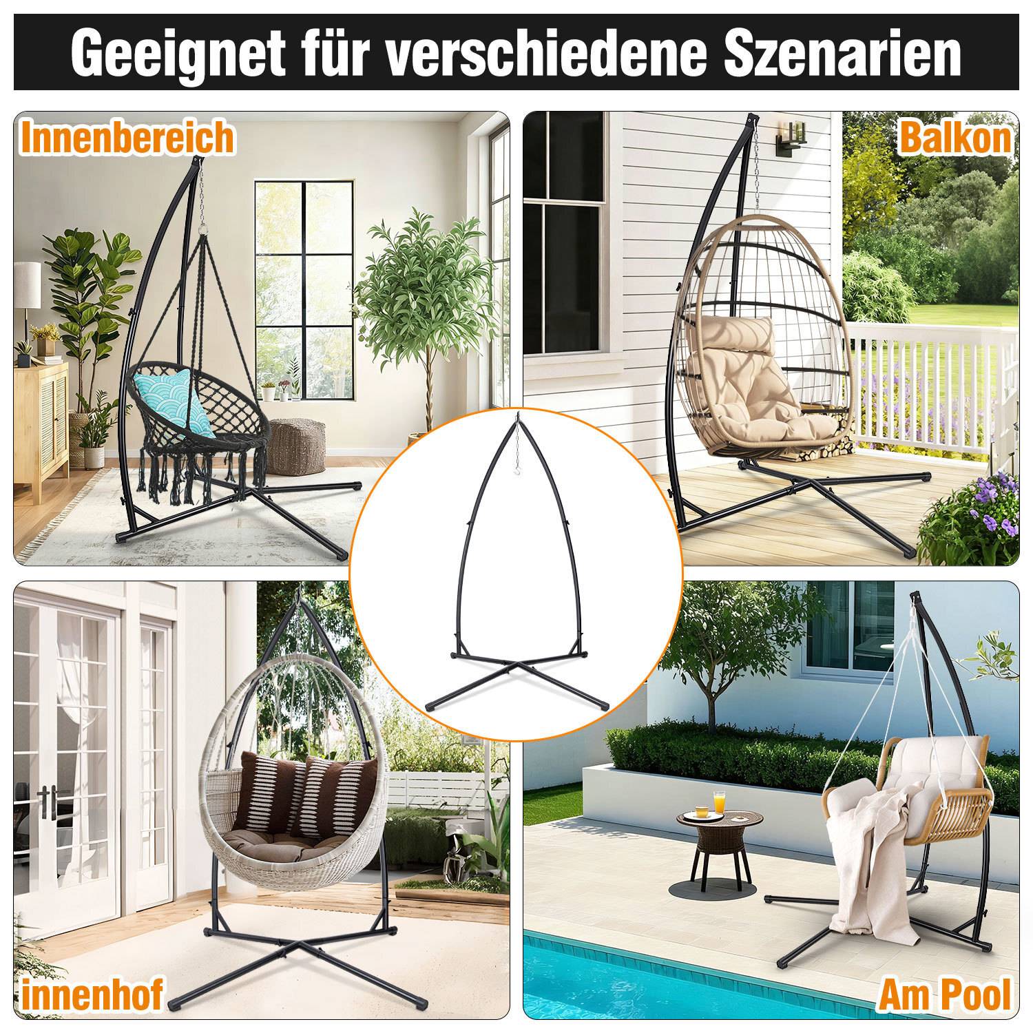 Hängesessel in verschiedenen Umgebungen: drinnen im Wohnzimmer, auf einem Balkon, in einem Innenhof und neben einem Pool. Geeignet für verschiedene Szenarien.