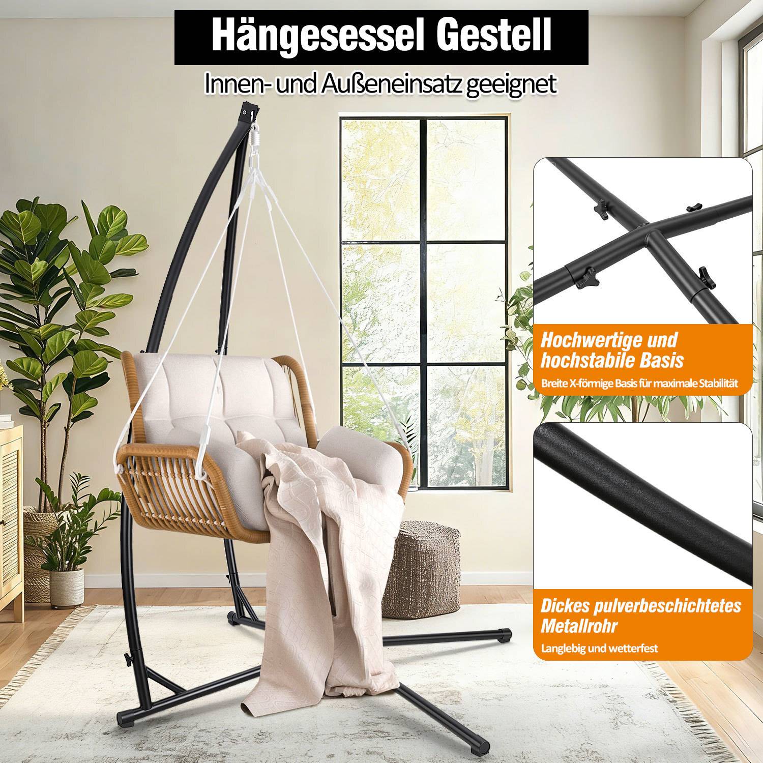 Hängesessel-Gestell: Ideal für innen und außen. Stabil mit breiter X-Form-Basis und metallbeschichtetem Rohr für Langlebigkeit.