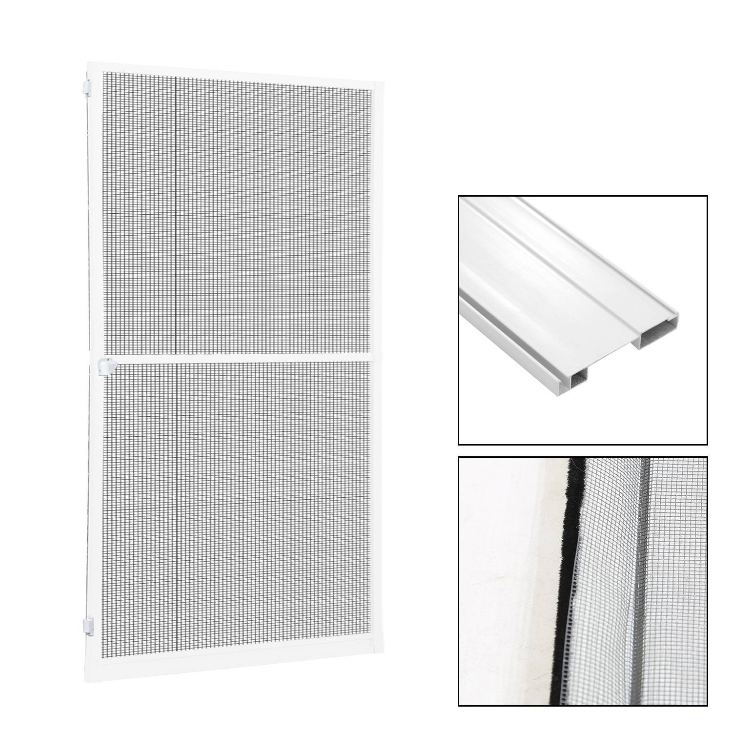 Ein Fliegengitter aus weißem Rahmen mit einer Nahaufnahme, die seine Aluminiumkante und schwarze Maschenstruktur zeigt, entworfen für Haltbarkeit und Luftströmung.