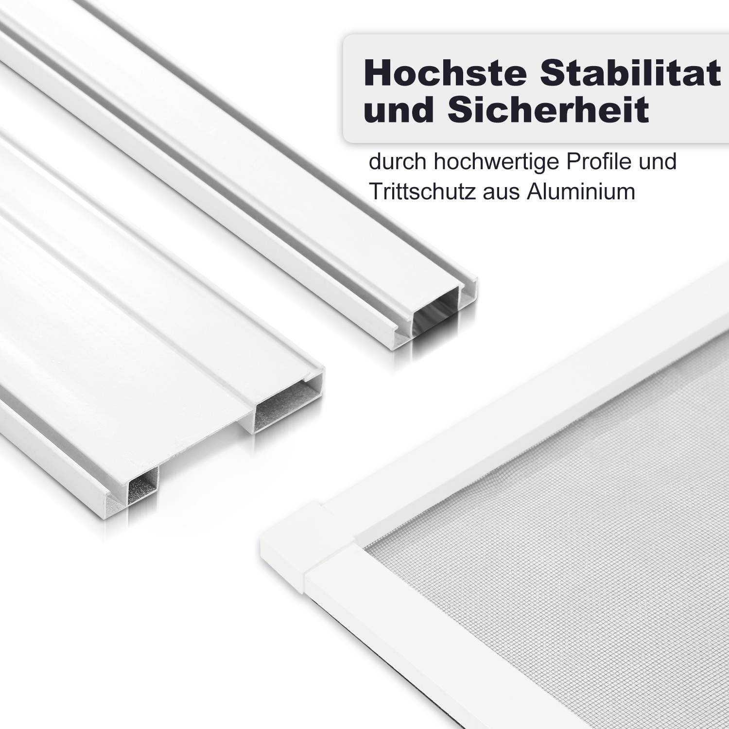 Aluminium-Profile mit Maschensieb, gekennzeichnet mit „Höchste Stabilität durch Sicherheit
