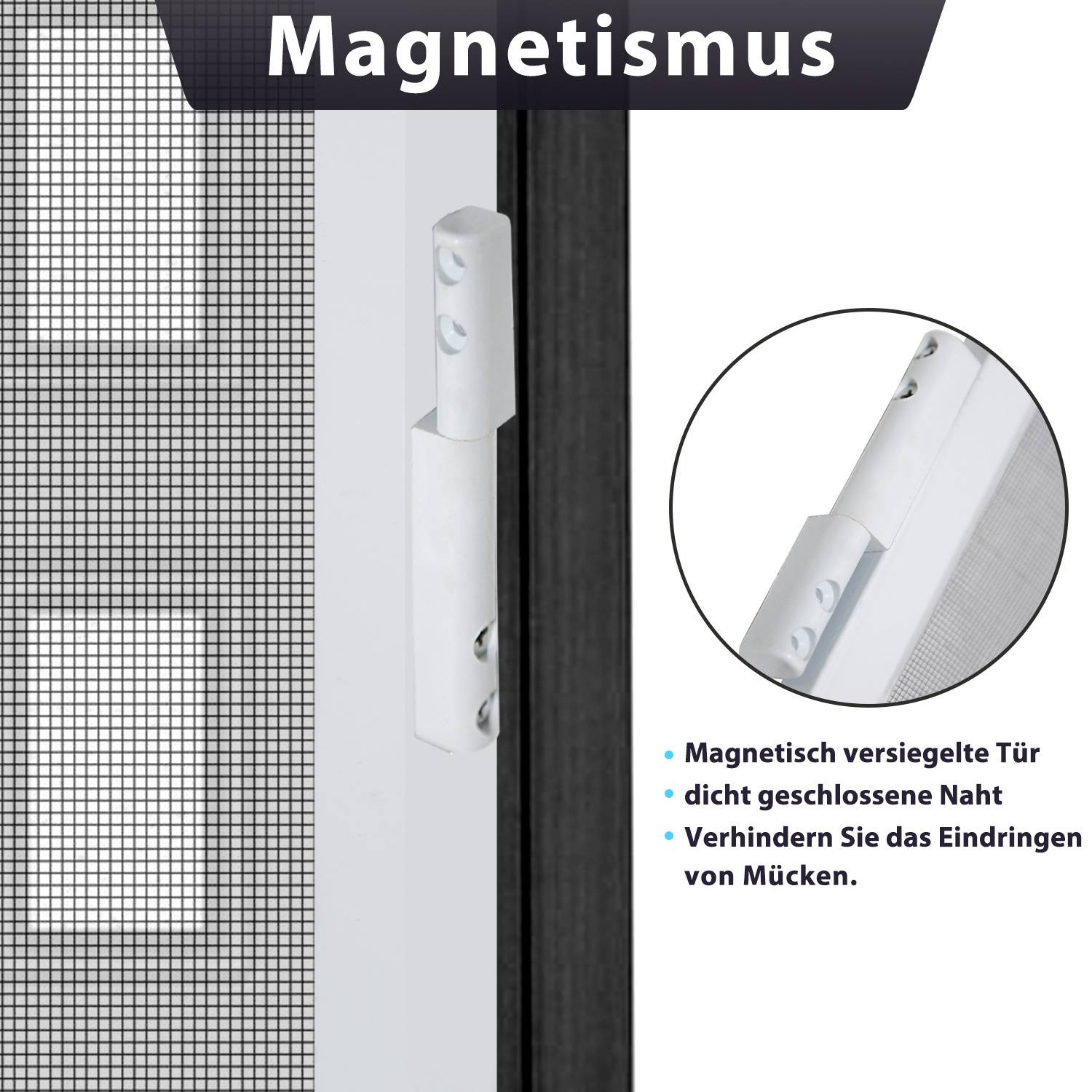 Bildschirmfoto einer Fliegengittertür mit Magnetverschluss. Der Text lautet: Magnetismus. Vorteile: Tür schließt dicht, verhindert Moskitoeintritt.