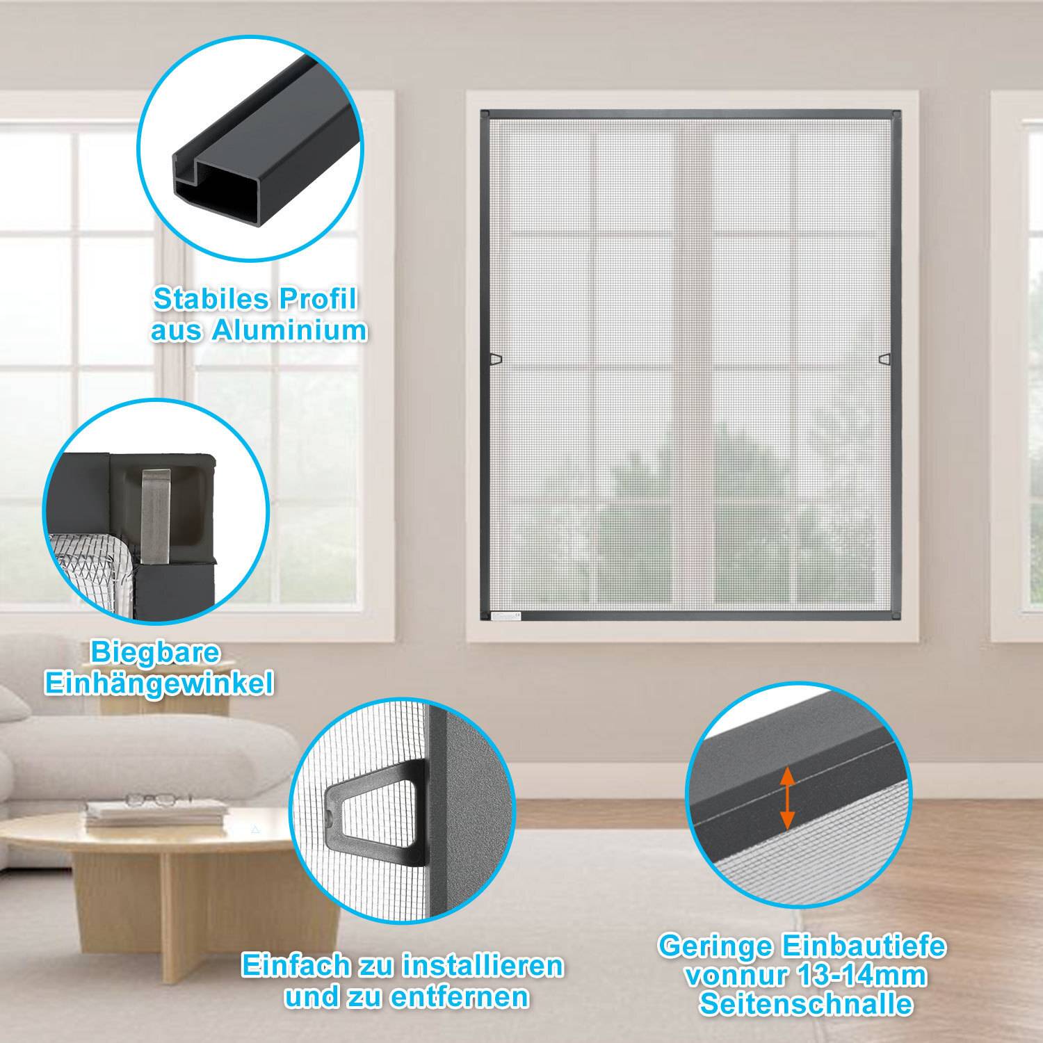 Ein Bild, das Merkmale eines Fensternetzes zeigt, einschließlich flexibler Eckprofile, einfache Installation, einen schlanken Aluminium-Rahmen und verstellbare Tiefe.