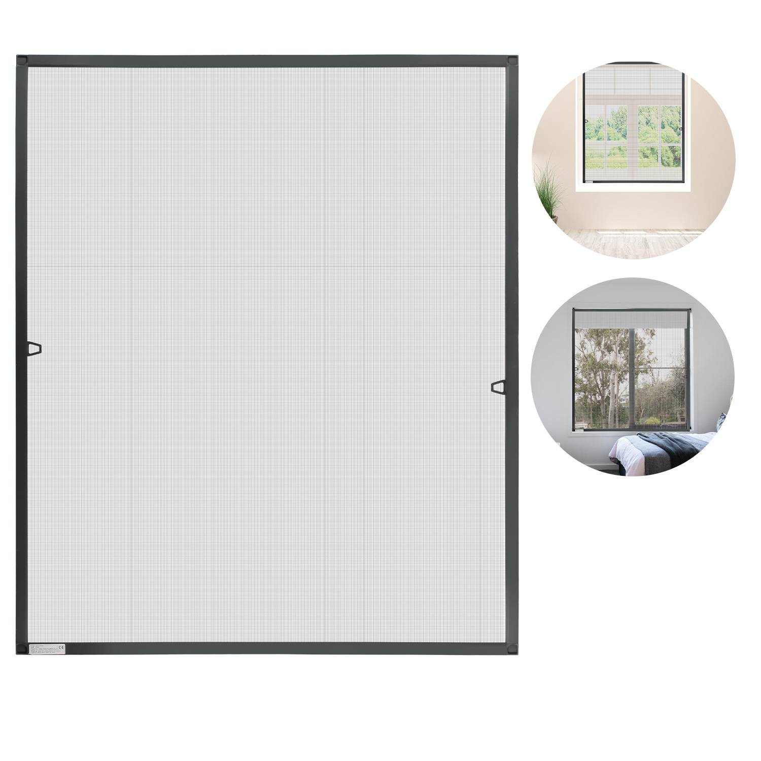 Großes graues Fenstersieb mit feinem Maschengewebe wird angezeigt. Zwei kleinere Bilder zeigen das Sieb auf einem Fenster installiert, mit Ansichten von Innen- und Außenbereichen.
