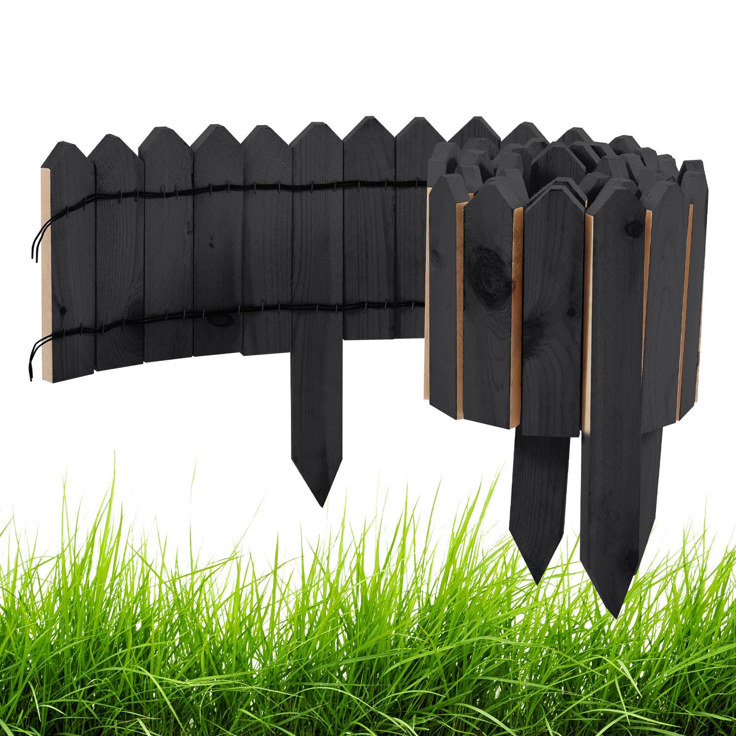 Schwarze Holz-Garteneinfassung mit spitzen Oberteilen, mit schwarzer Schnur gebunden, über einem Stück grünem Rasen platziert.