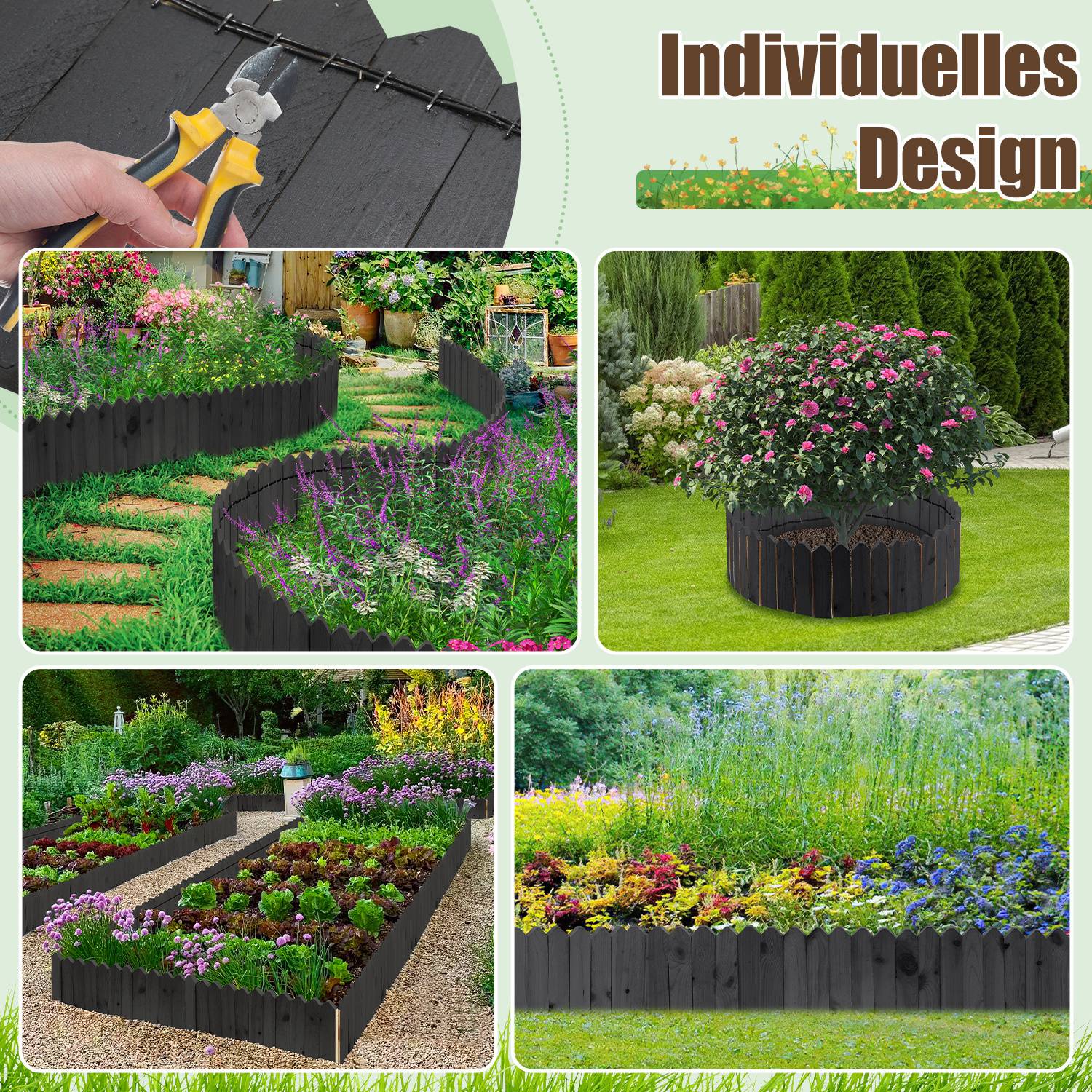 Eine Hand hält einen kleinen schwarzen Gartenpicket. Darunter werden verschiedene Gartendesigns mit farbenfrohen Blumen gezeigt, die von ähnlichen Pickets eingefasst sind. Der Text lautet „Individuelles Design