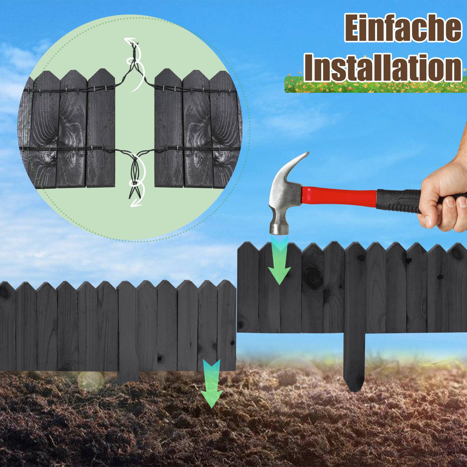 Anleitungsgrafik mit der Aufschrift „Einfache Installation": Eine Hand benutzt einen Hammer, um ein schwarzes Holzzaunfeld zu befestigen, mit Pfeilen, die zeigen, wie die Felder zusammenpassen und in den Boden getrieben werden.