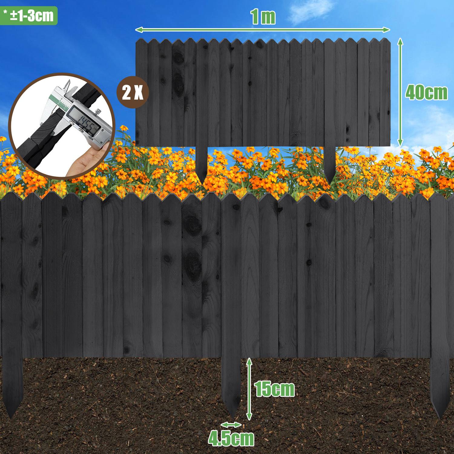 Rasenkante Rollborder Flexibler Holzzaun Kiefernholz Beeteinfassung Beetumrandung Gartenzaun Holz Dekozaun, 1000 x 40 cm Anthrazit