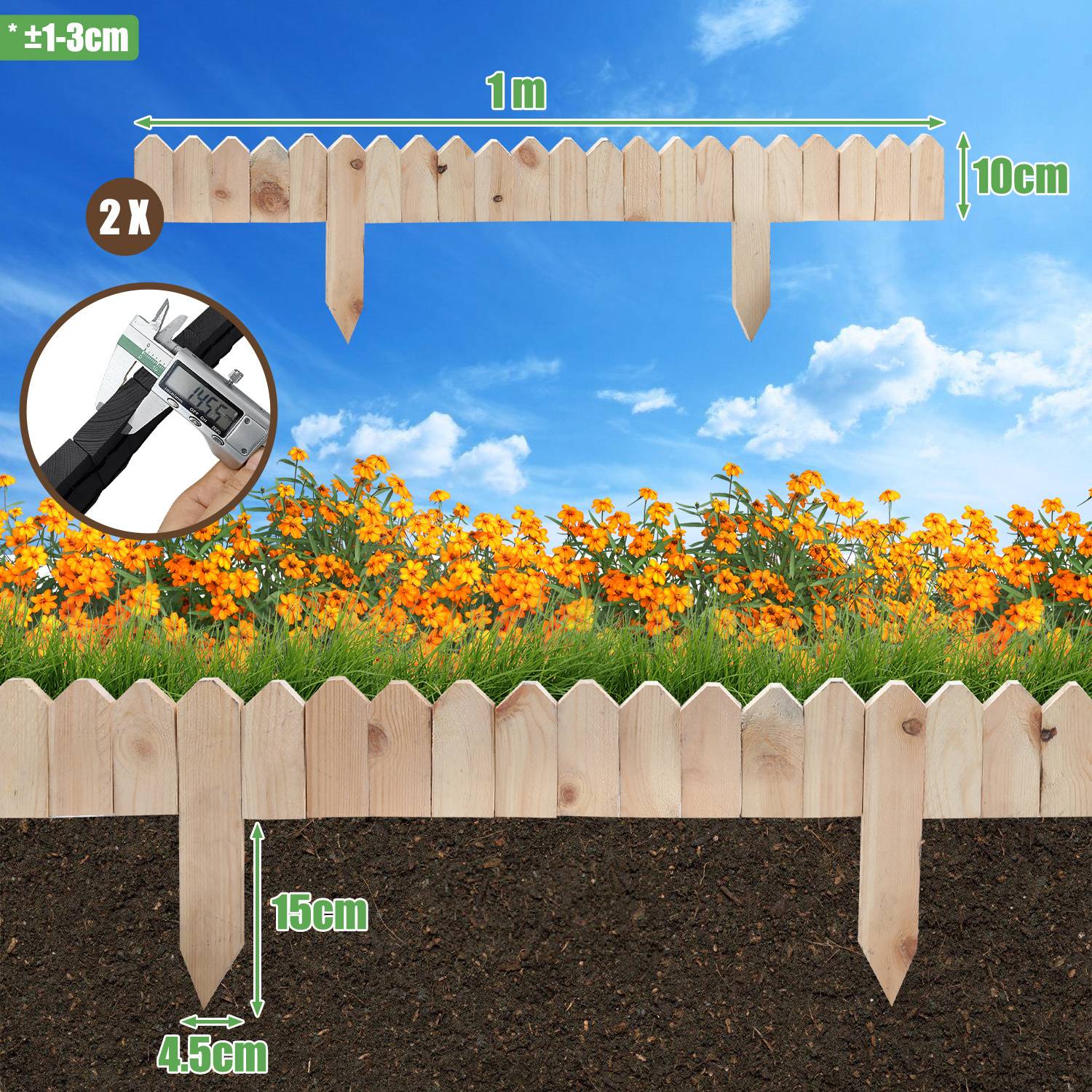 Holzzaun mit einer Breite von 1 Meter und einer Höhe von 15 cm. Umfasst Pfosten und Gänseblümchen im Hintergrund, mit einer Nahaufnahme von Schieblehren.