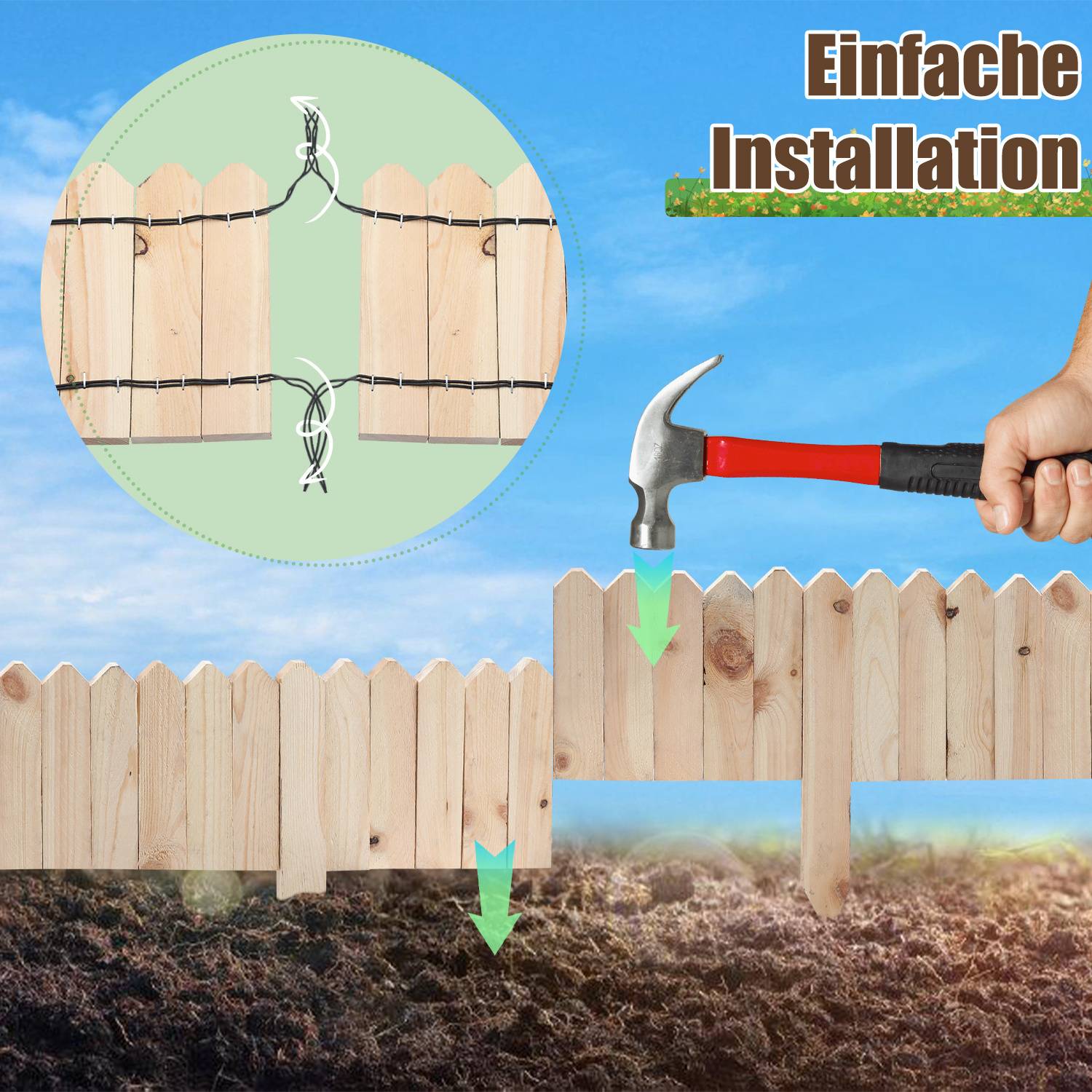 Eine Person installiert einen Holzzaun durch Hämmern und veranschaulicht „Einfache Installation