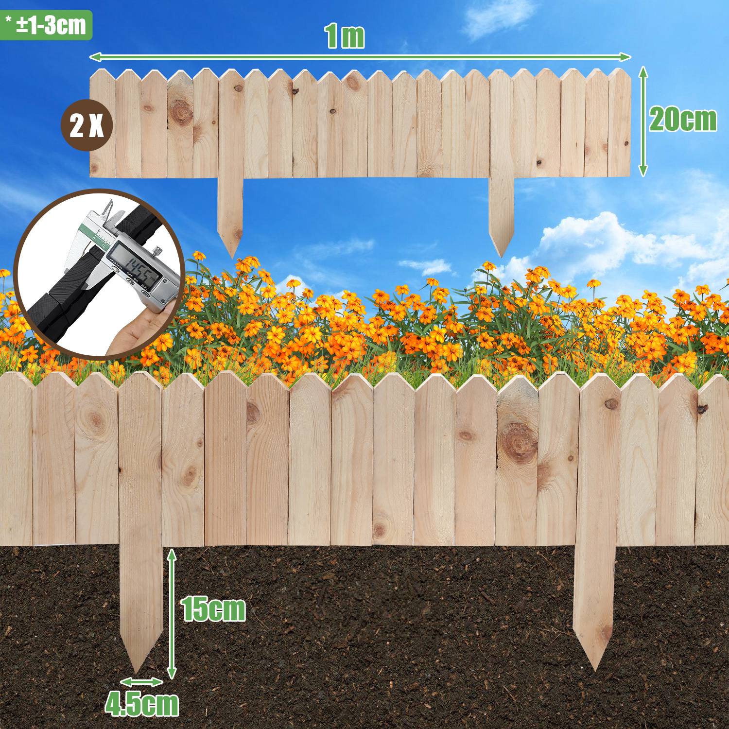 Holzzaunelemente mit spitzen Oberseiten, je 1 Meter breit und 20 cm hoch, mit Pfosten, die 15 cm in den Boden reichen. Geeignet für Garteneinfassungen.