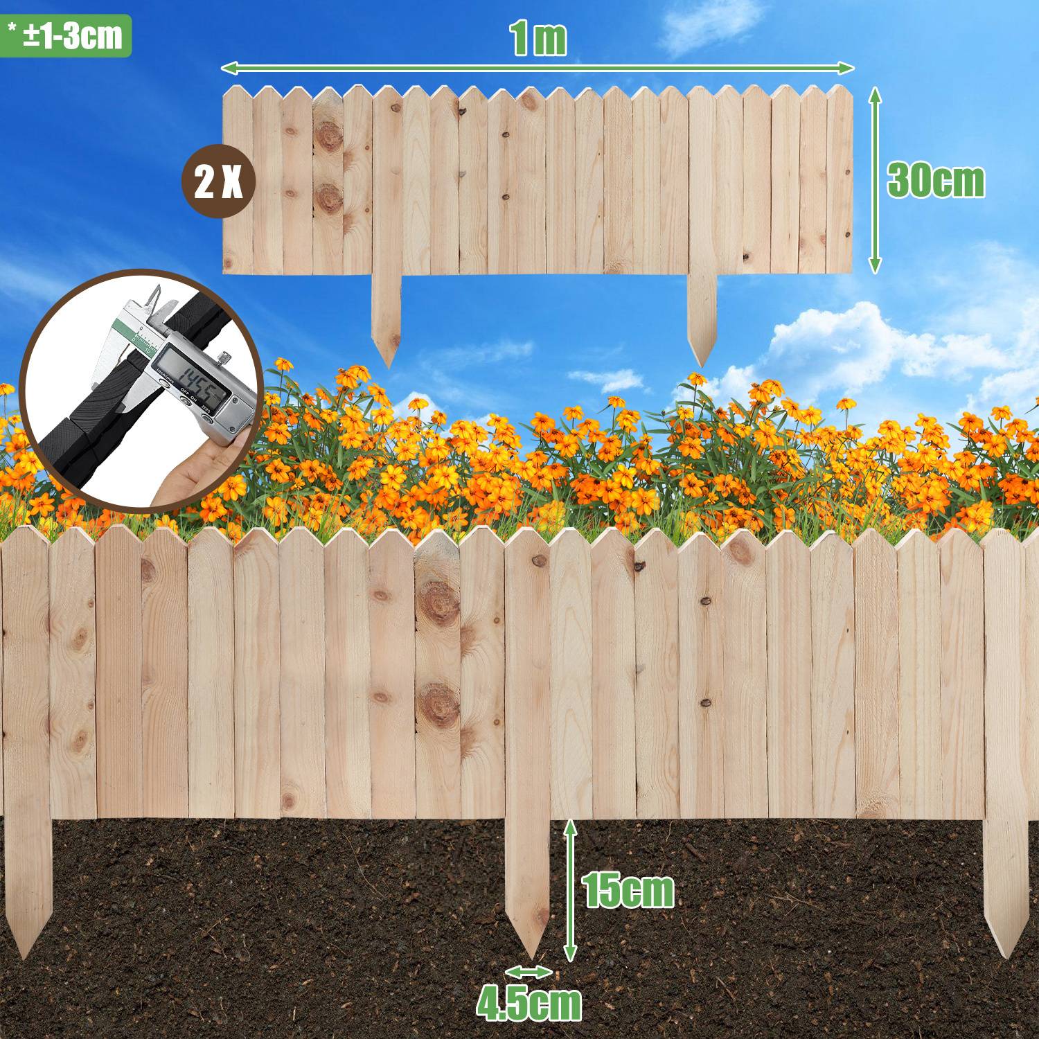 Zaun mit spitzen Oberteilen, 1 Meter breit und 30 cm hoch, 15 cm tief in den Boden eingelassen. Mit Ringelblumenblüten und einem Präzisionsmesswerkzeug ausgestattet.