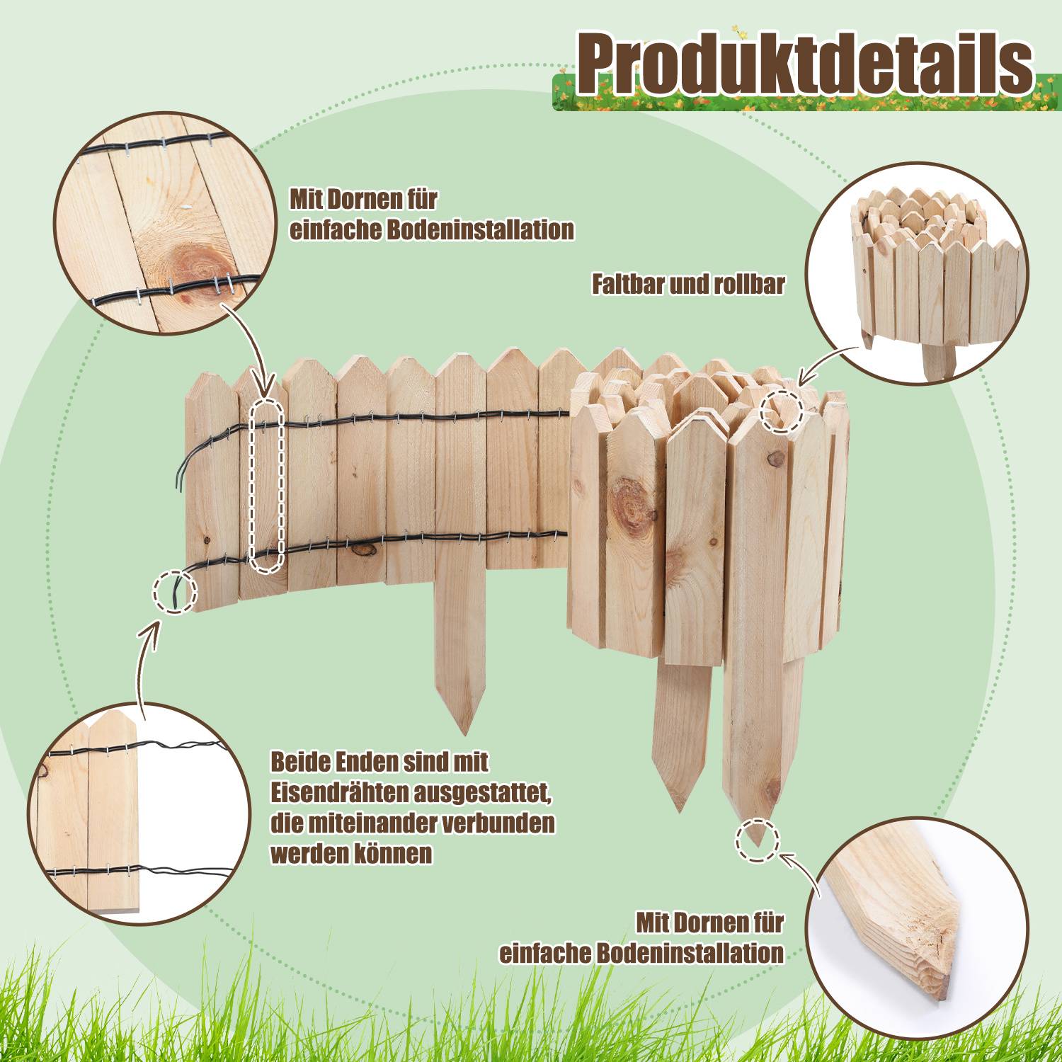 Produktdetail-Grafik einer Holzgartenzaunrolle mit spitzen Pfählen für einfache Bodeninstallation, faltbar und aufrollbar, mit drahtverbundenen Enden.