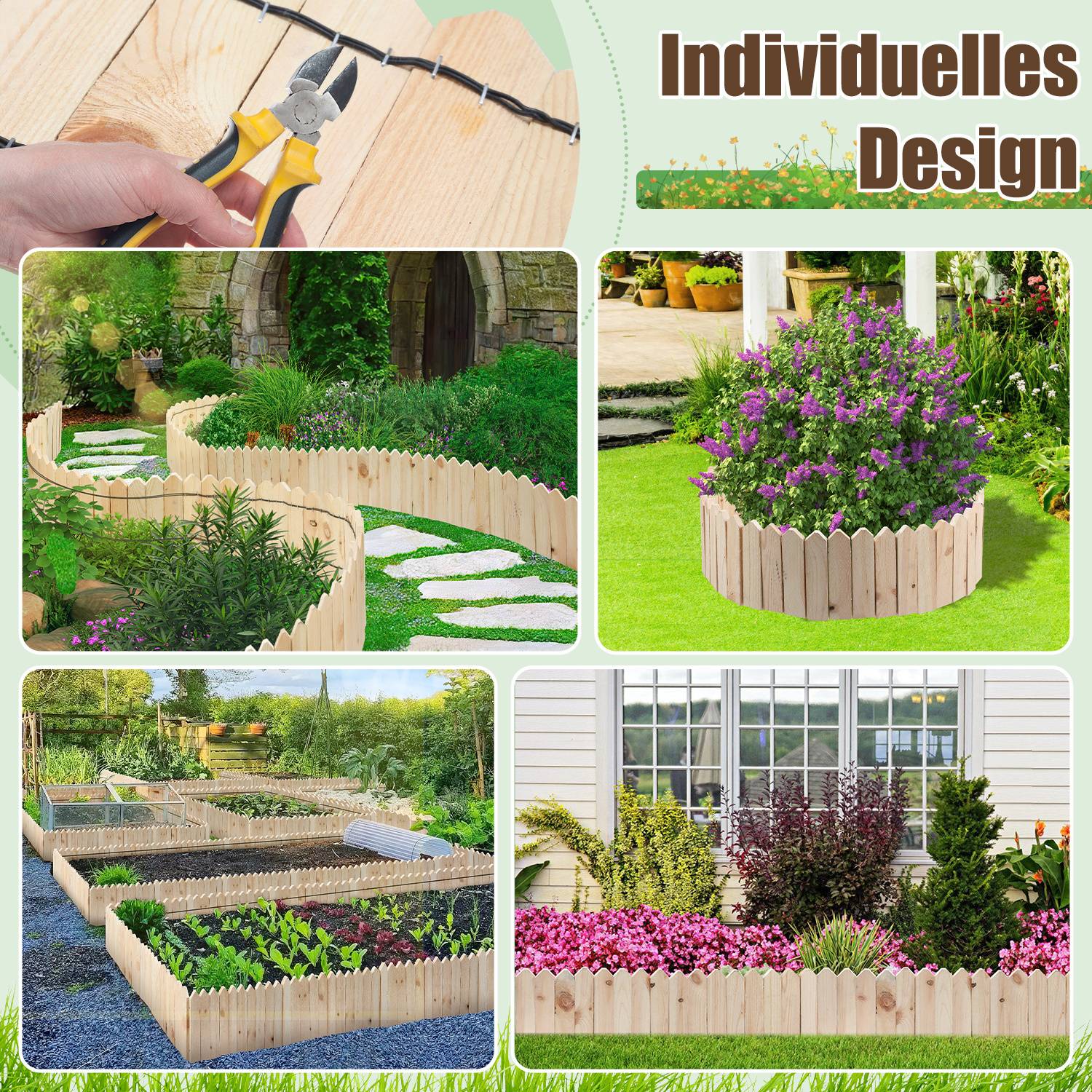 Collage aus Holzgarteneinfassungen und Hochbeeten mit dem Text „Individuelles Design", das flexible gebogene und gerade Randeinfassungen um Pflanzen und Blumenbeete zeigt.